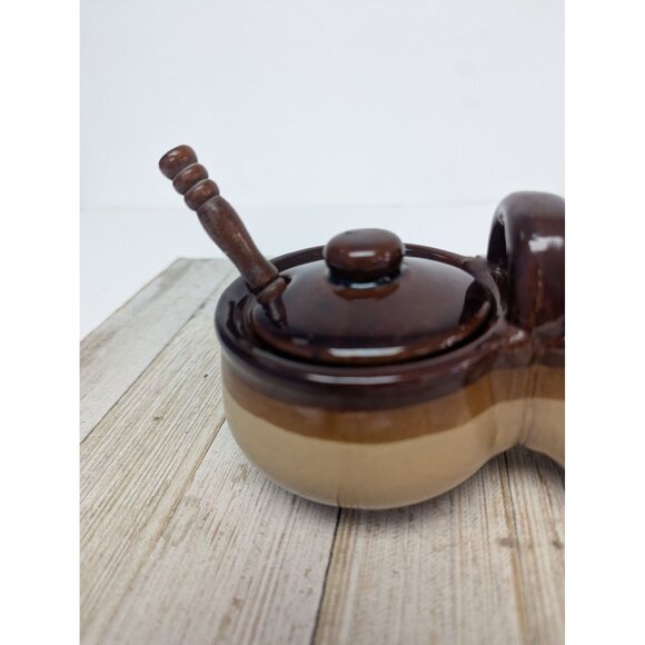 Vintage Dark Brown Glazed Stoneware Double Condiment Pot With Lids Spoons Taiwan - Picture 3 of 12
